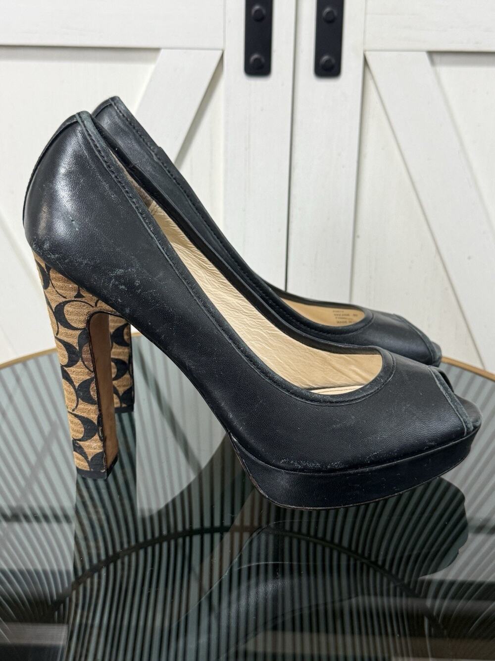 Coach Black Leather Peep Toe Heels Signature C Jacquard Heel Pumps Size 8B